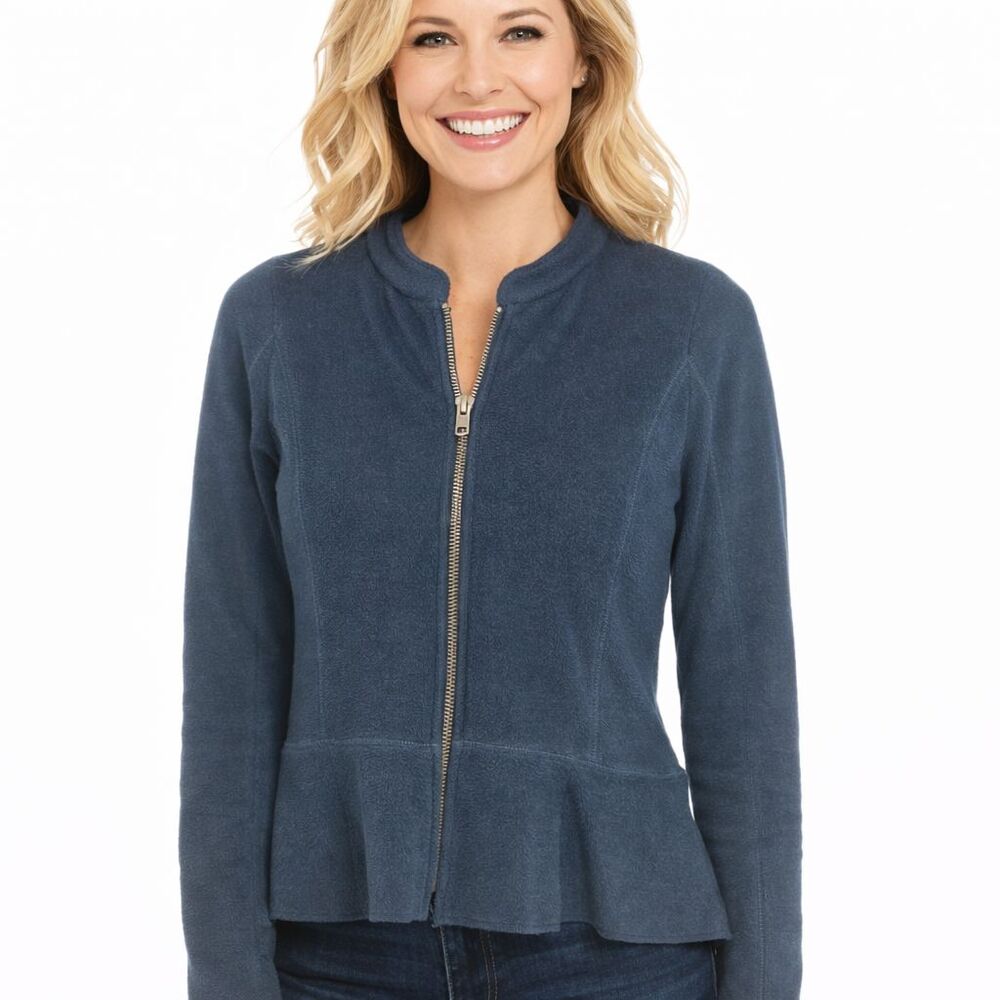 Halogen 100% Merino Wool Peplum Jacket Full Zip Sweater Mock Neck Blue EUC XS